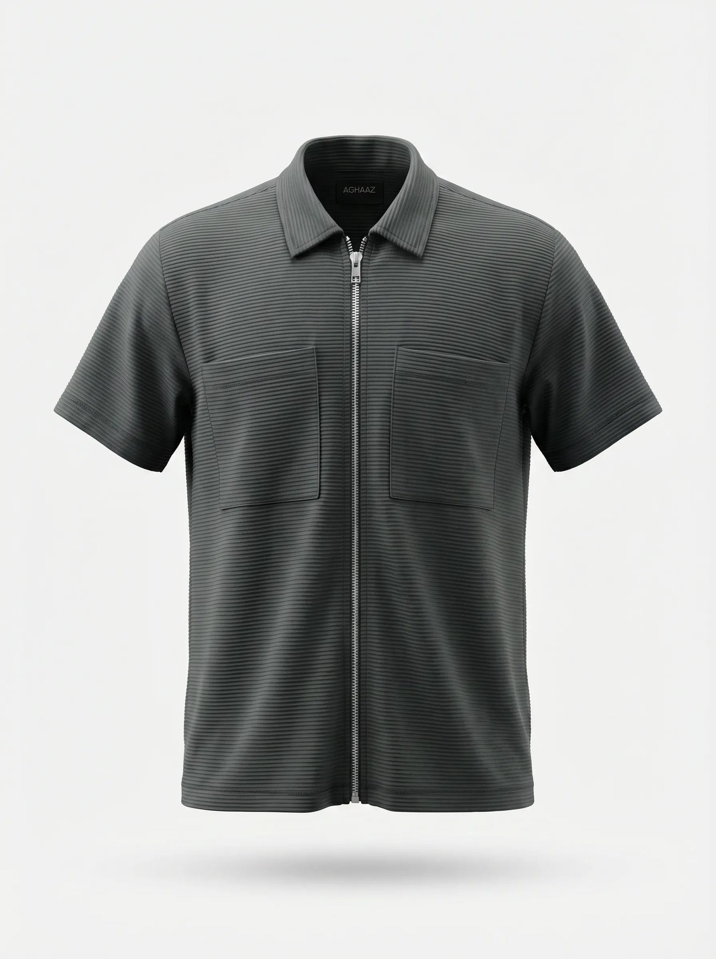 Dark gray short-sleeve shirt with a zipper on a light gray background