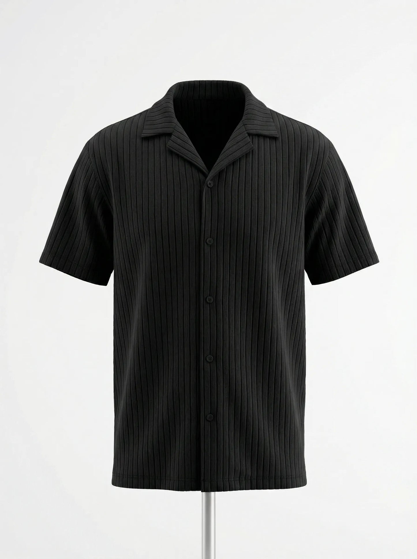 Black short-sleeve button-up shirt on a white background