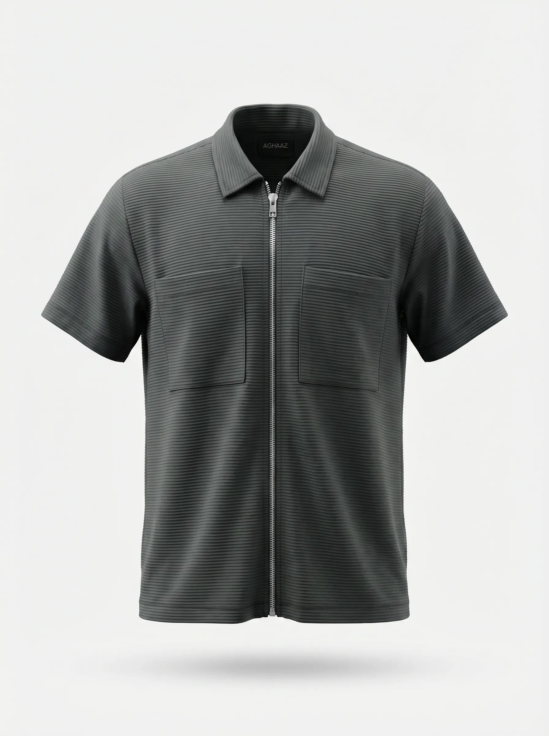 Dark gray short-sleeve shirt with a zipper on a light gray background