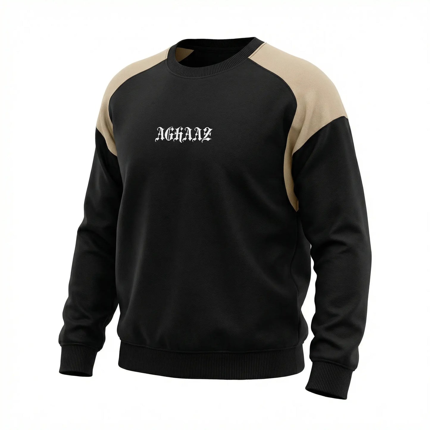 Black and beige sweatshirt with 'Aghaaz' text on a white background