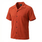 Orange short-sleeve shirt with black buttons on a white background