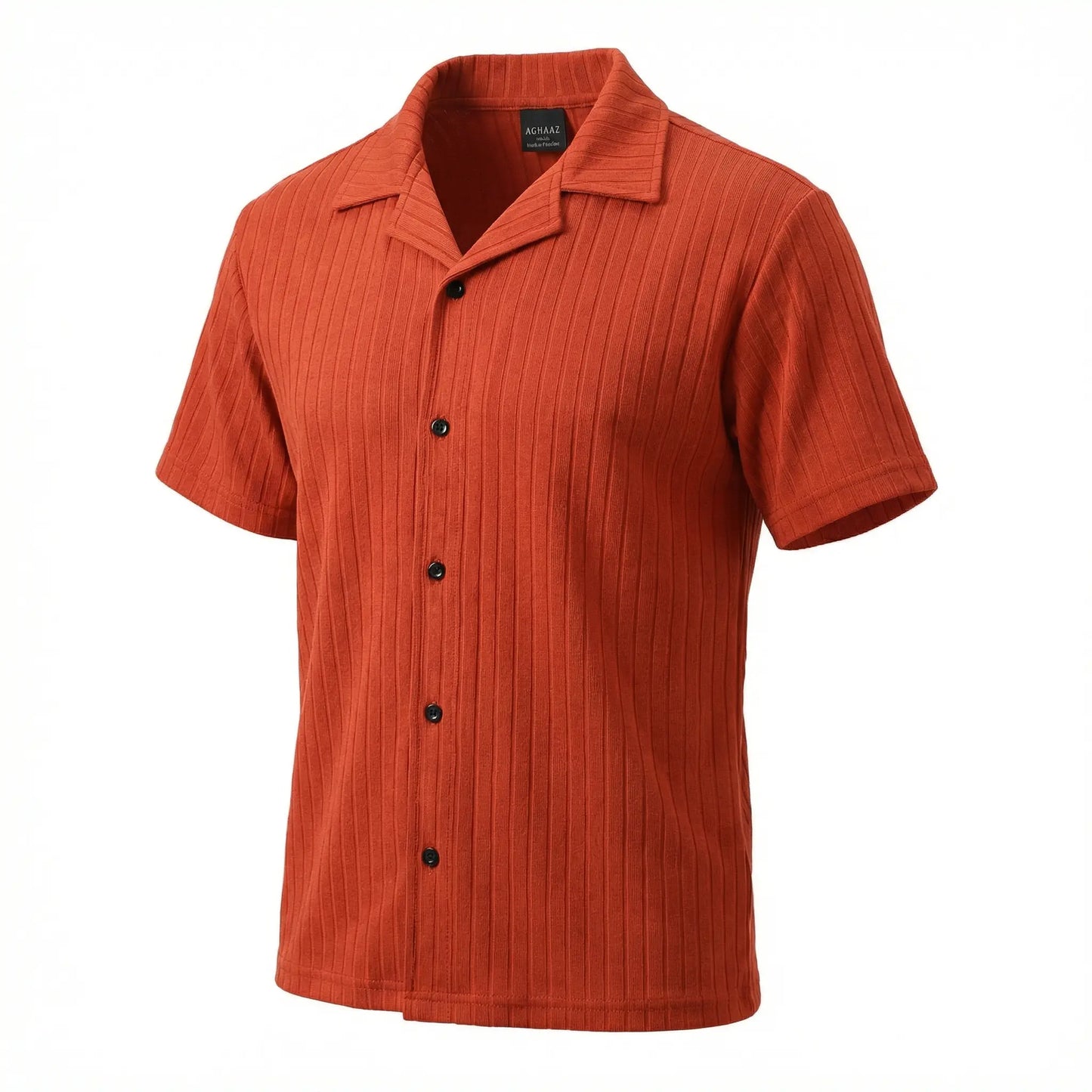 Orange short-sleeve shirt with black buttons on a white background